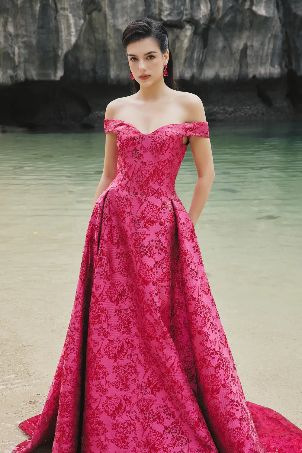 Off Shoulder Floral Pattern Full Dress